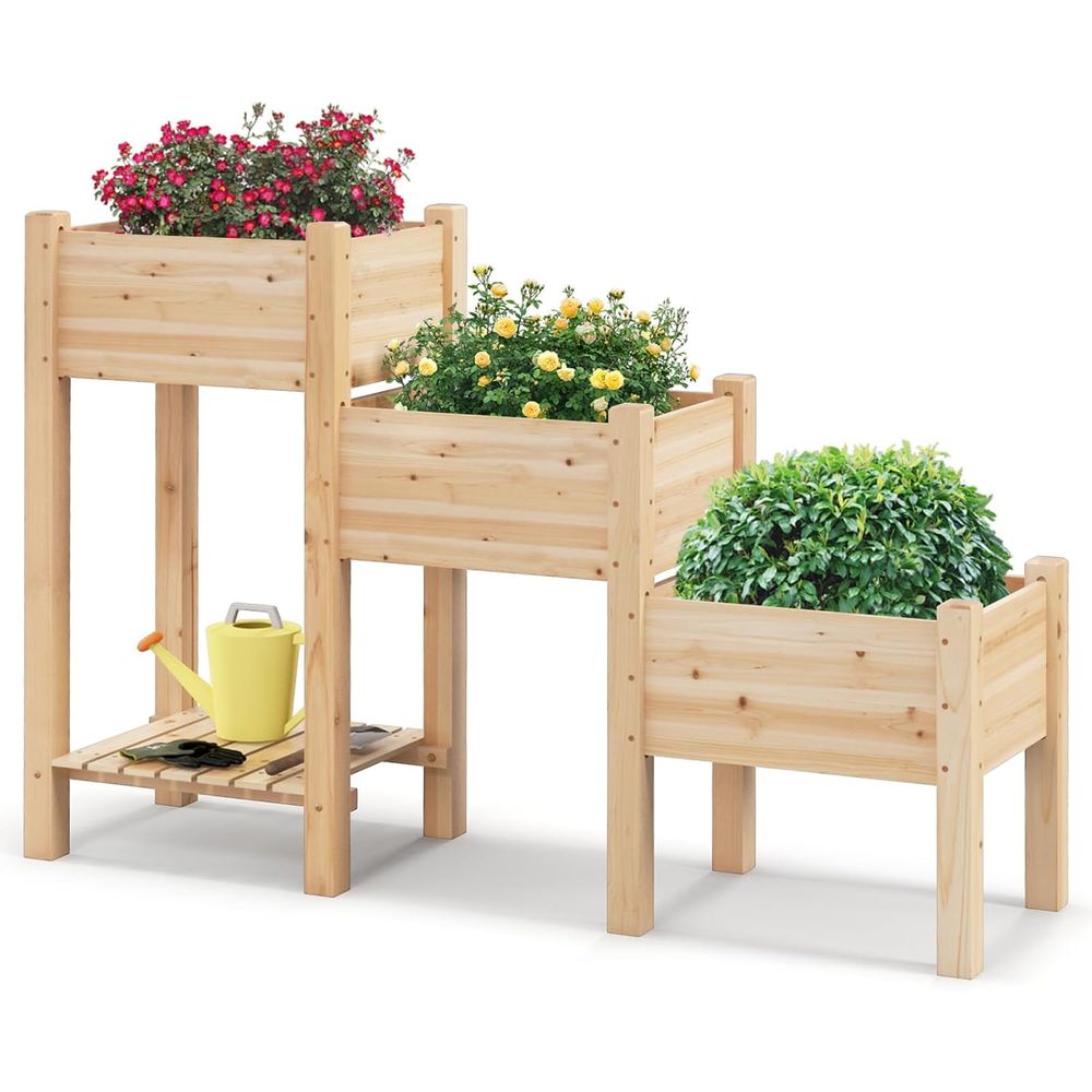 Garden Storage Box - 3-Tier Wooden Raised Garden Bed with